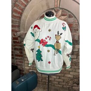Christmas sweatshirt santo reindeer tree red green white vintage
